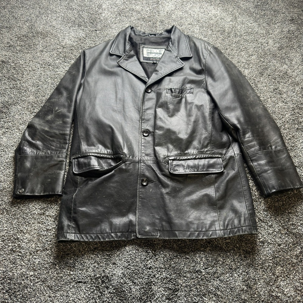 Pelle Studio Jacket Mens M Black Overcoat Leather Collared‎ Lined Pockets